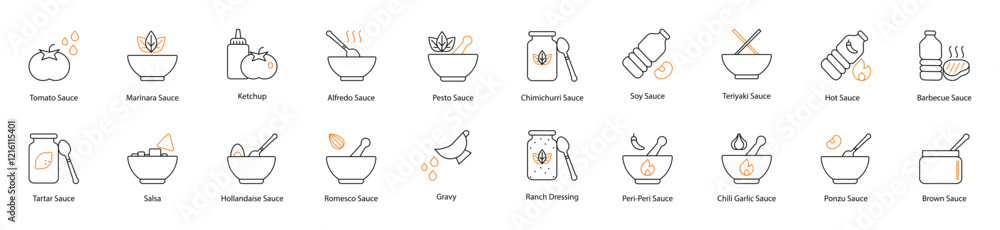 Sauce Vector Icon Set: Tomato, Tartar, Marinara, Ketchup, Alfredo, Salsa, Hollandaise, Romesco, Pesto, Gravy, Chimichurri, Ranch Dressing, Soy, Teriyaki, Hot, Barbecue, Peri-Peri, Chili Garlic, Ponzu Sauce Vector Icon Set: Tomato, Tartar, Marinara, Ketchup, Alfredo, Salsa, Hollandaise, Romesco, Pesto, Gravy, Chimichurri, Ranch Dressing, Soy, Teriyaki, Hot, Barbecue, Peri-Peri, Chili Garlic, Ponzu