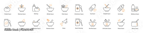 Sauce Vector Icon Set: Tomato, Tartar, Marinara, Ketchup, Alfredo, Salsa, Hollandaise, Romesco, Pesto, Gravy, Chimichurri, Ranch Dressing, Soy, Teriyaki, Hot, Barbecue, Peri-Peri, Chili Garlic, Ponzu 