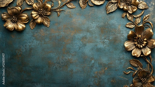 Gold floral ornaments on teal grunge background. Ideal for elegant invitations, luxury branding, or vintage designs. photo