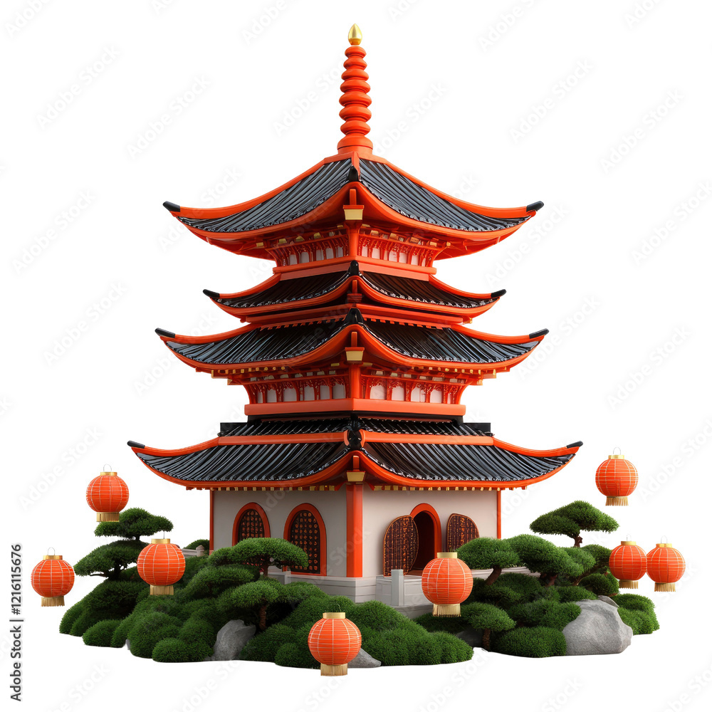 Vibrant 3D Render of a Traditional East Asian Pagoda with Red Lanterns and Lush Greenery Vibrant 3D Render of a Traditional East Asian Pagoda with Red Lanterns and Lush Greenery