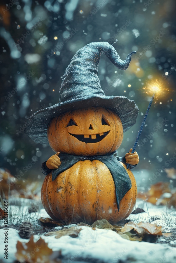 Naklejka premium Festive pumpkin wizard, snowy woods, Halloween
