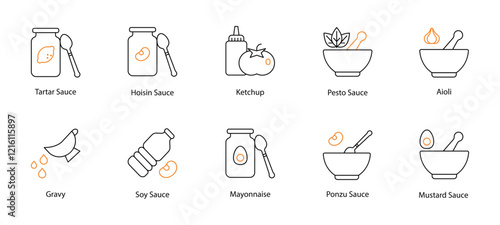 Sauce Vector Icon Set: Tartar, Hoisin, Ketchup, Pesto, Aioli, Gravy, Soy, Mayonnaise, Ponzu, and Mustard