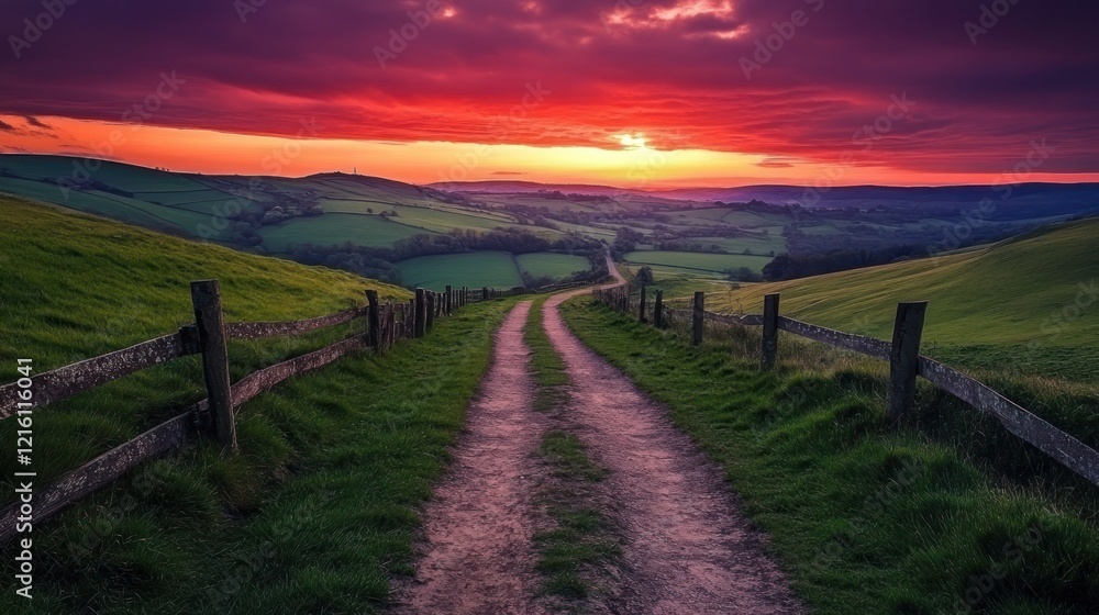 Fototapeta premium A winding path through green hills leads to a breathtaking sunset sky