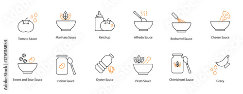 Sauce Vector Icon Set: Tomato, Marinara, Ketchup, Alfredo, Bechamel, Cheese, Sweet and Sour, Hoisin, Oyster, Pesto, Chimichurri, and Gravy