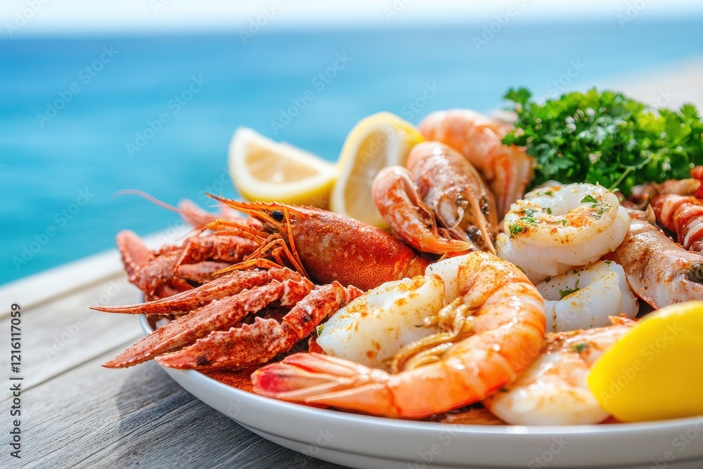 A vibrant plate of fresh seafood garnished with lemon and parsley, set against a beautiful ocean backdrop. A vibrant plate of fresh seafood garnished with lemon and parsley, set against a beautiful ocean backdrop.