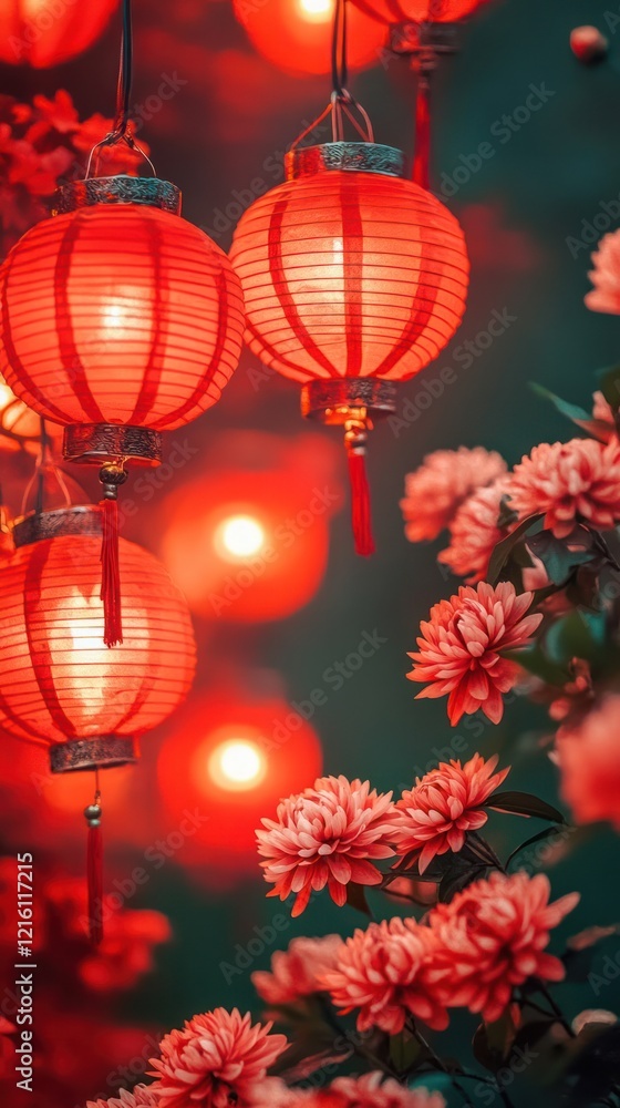 Festive Red Lanterns Bloom Garden Night Festive Red Lanterns Bloom Garden Night