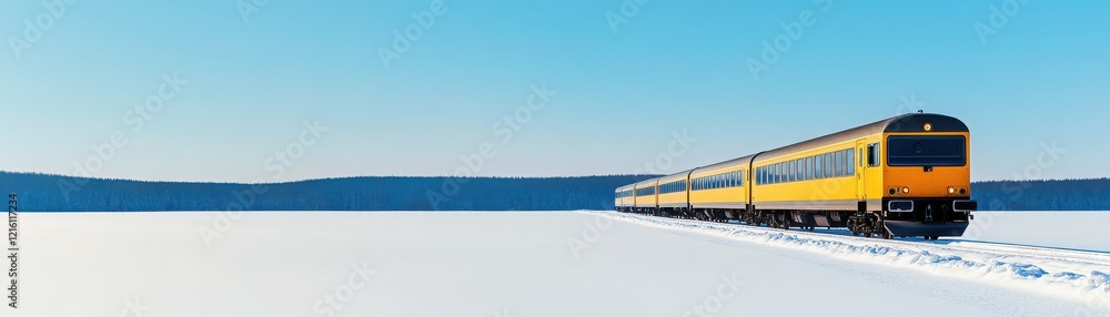 A vibrant yellow train travels through a snowy landscape under a clear blue sky, capturing the essence of winter travel. A vibrant yellow train travels through a snowy landscape under a clear blue sky, capturing the essence of winter travel.