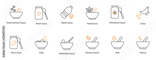 Sauce Vector Icon Set: Sweet and Sour, Hoisin, Oyster, Pesto, Chimichurri, Gravy, Tartar, Salsa, Hollandaise, Romesco, Aioli, and Harissa