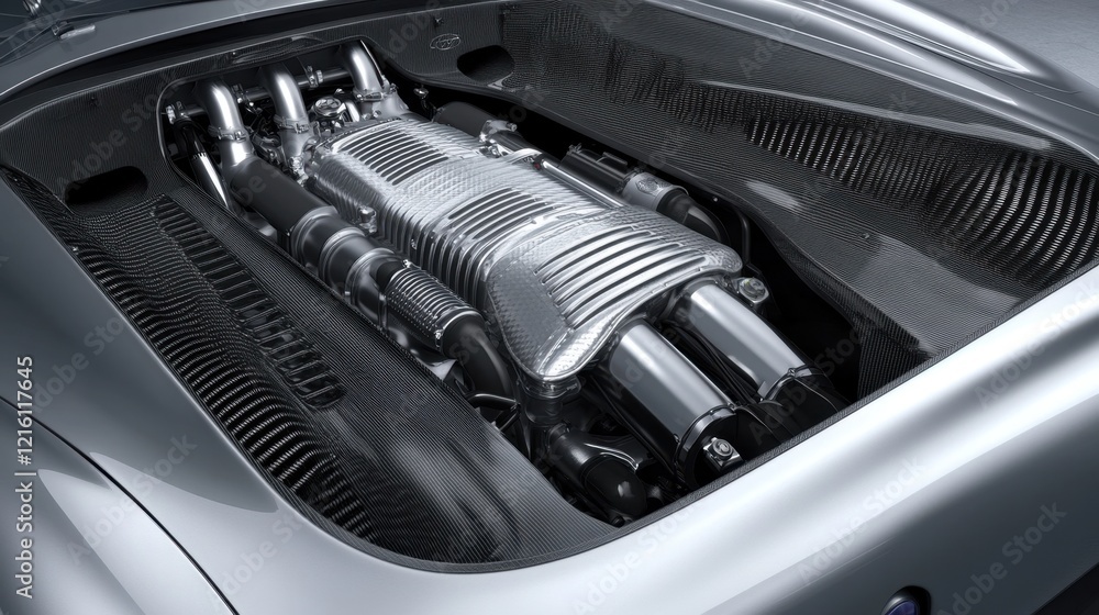Car engine bay with a modern V engine and carbon fiber accents. Car engine bay with a modern V engine and carbon fiber accents.