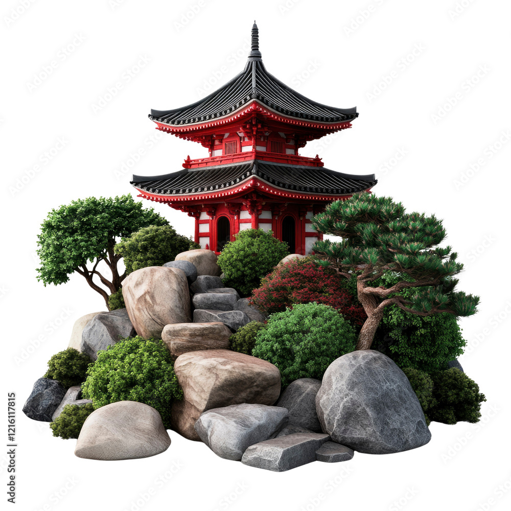 Fototapeta premium Serene Japanese Garden with Traditional Red Pagoda