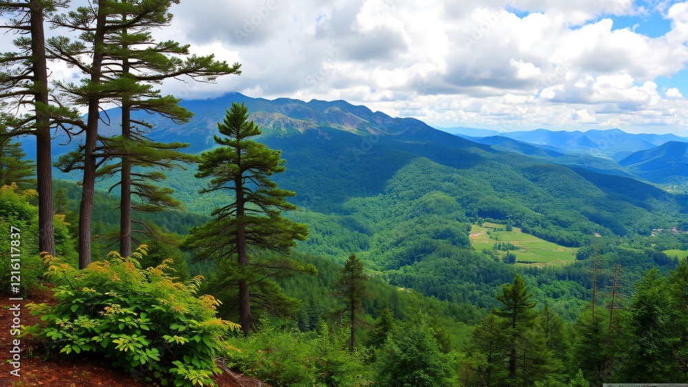 Panoramic View of Majestic Mountain Range and Lush Green Forest Panoramic View of Majestic Mountain Range and Lush Green Forest