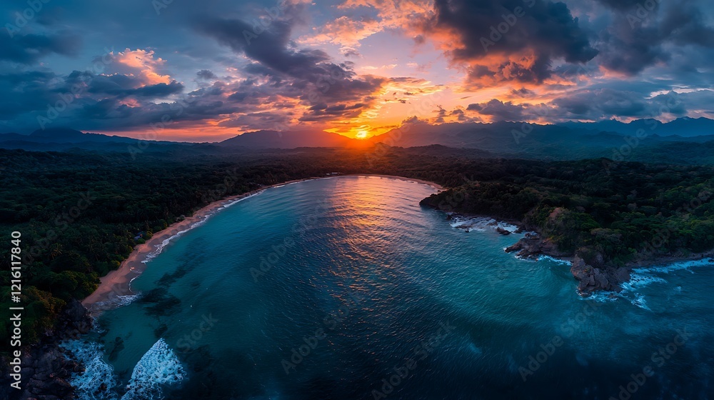Fototapeta premium Tropical sunset beach aerial view, ocean waves, mountains