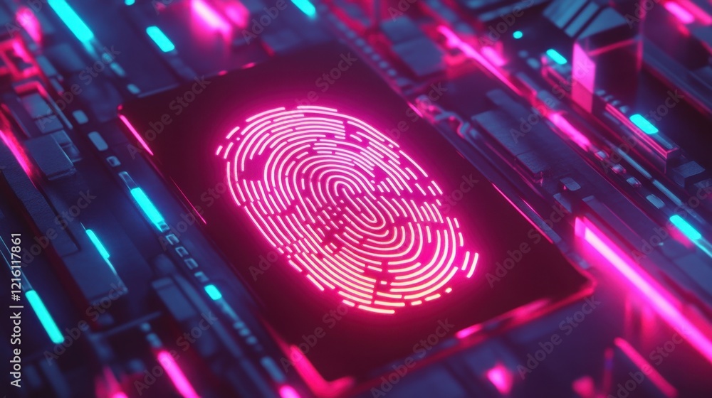 Close-up of a digital fingerprint surrounded by glowing holographic security elements. Close-up of a digital fingerprint surrounded by glowing holographic security elements.