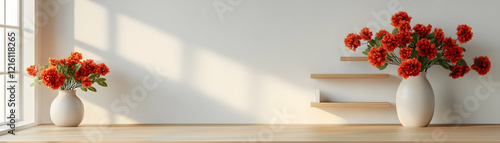 Wallpaper Mural Red flowers in vases on wooden table, minimalist room, sunlight. Home decor Torontodigital.ca