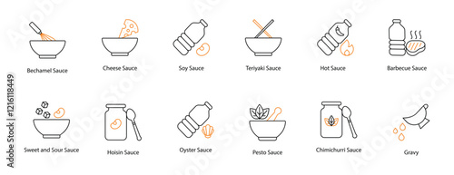 Sauce Vector Icon Set: Bechamel, Cheese, Soy, Teriyaki, Hot, BBQ, Sweet and Sour, Hoisin, Oyster, Pesto, Chimichurri, and Gravy