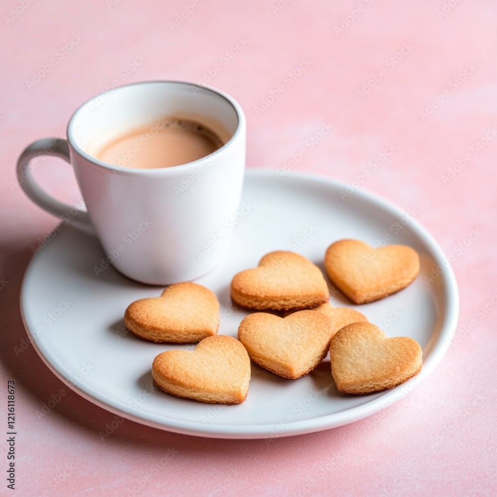 Coffee and heart cookies on pink background, romantic breakfast Coffee and heart cookies on pink background, romantic breakfast