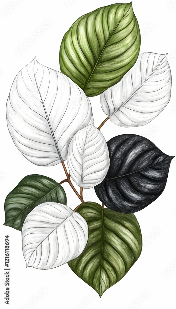 Obraz premium Stylish green, white, and black leaves illustration. Perfect for home decor, website design, or print