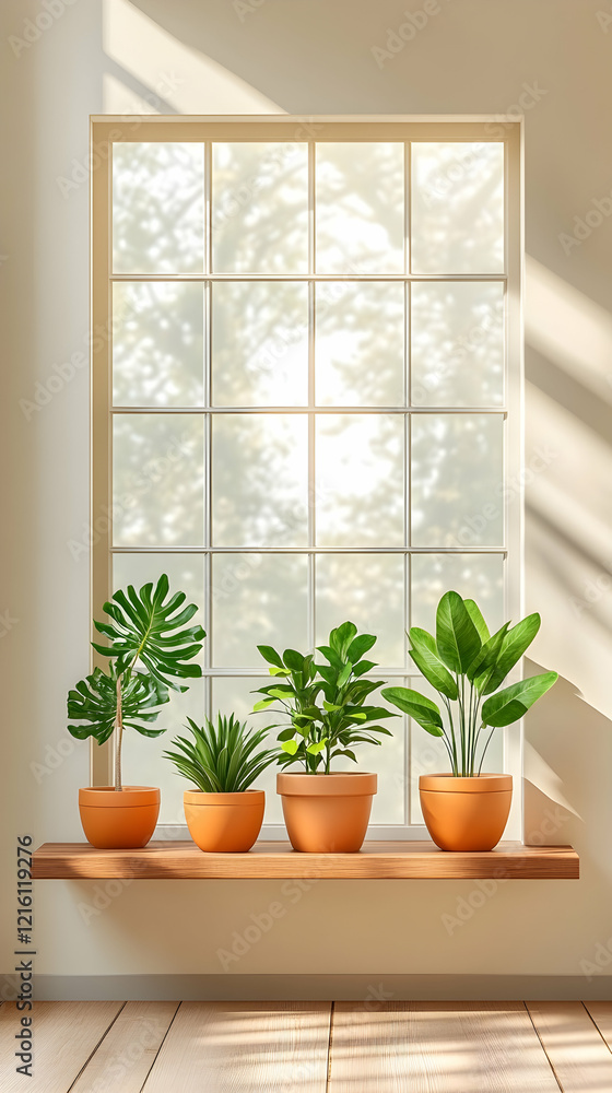 Sunlit houseplants on windowsill, peaceful home interior, natural light Sunlit houseplants on windowsill, peaceful home interior, natural light