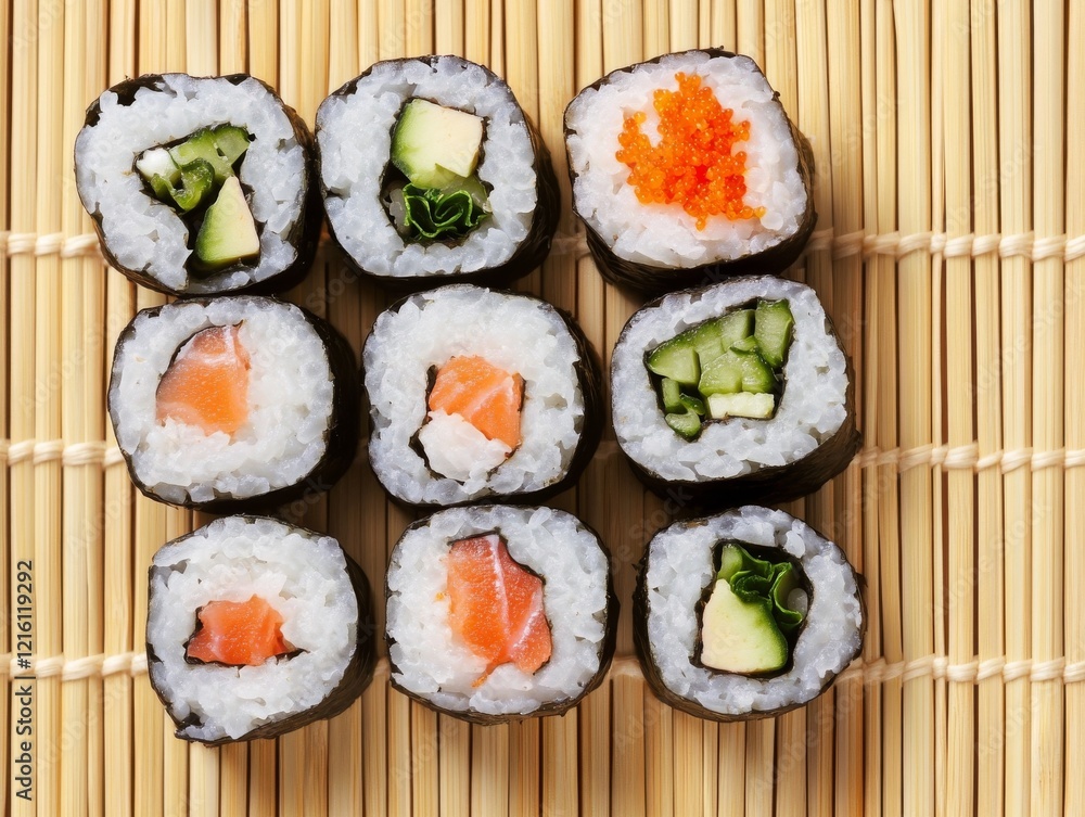 A serving of sushi rolls on a bamboo mat. Featuring rice, seaweed, and various fillings. Highlighting the artistry and flavor of sushi. Ideal for culinary and cultural articles. A serving of sushi rolls on a bamboo mat. Featuring rice, seaweed, and various fillings. Highlighting the artistry and flavor of sushi. Ideal for culinary and cultural articles.