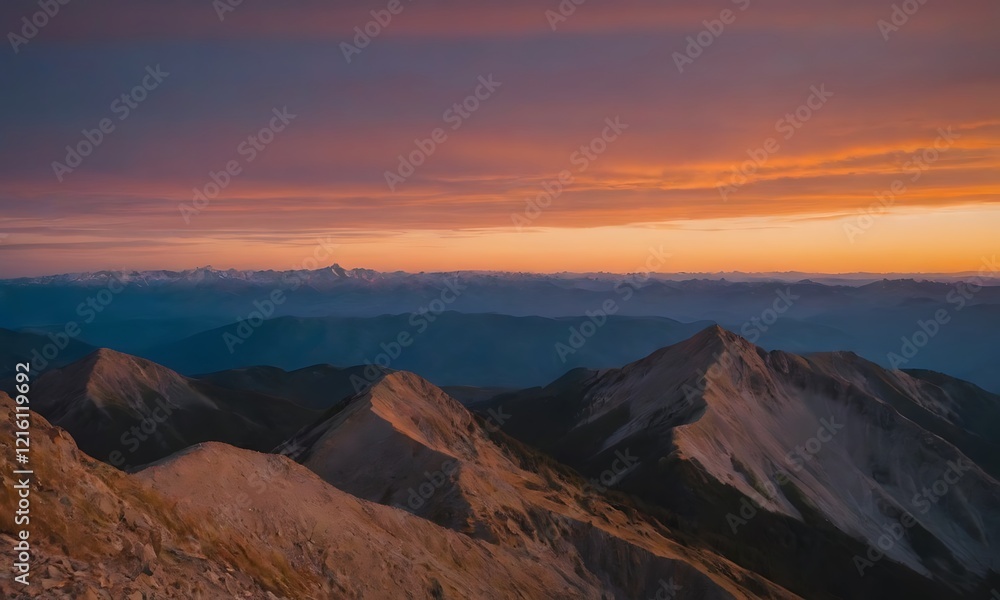 A breathtaking sunrise over a mountain range, with a vibrant orange sky A breathtaking sunrise over a mountain range, with a vibrant orange sky