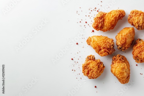 Crispy fried chicken wings, white background, pepper, food photography, recipe photo