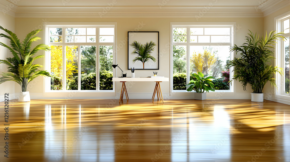 Sunny home office with large windows, plants, and wooden floor. Ideal for productivity and well-being Sunny home office with large windows, plants, and wooden floor. Ideal for productivity and well-being
