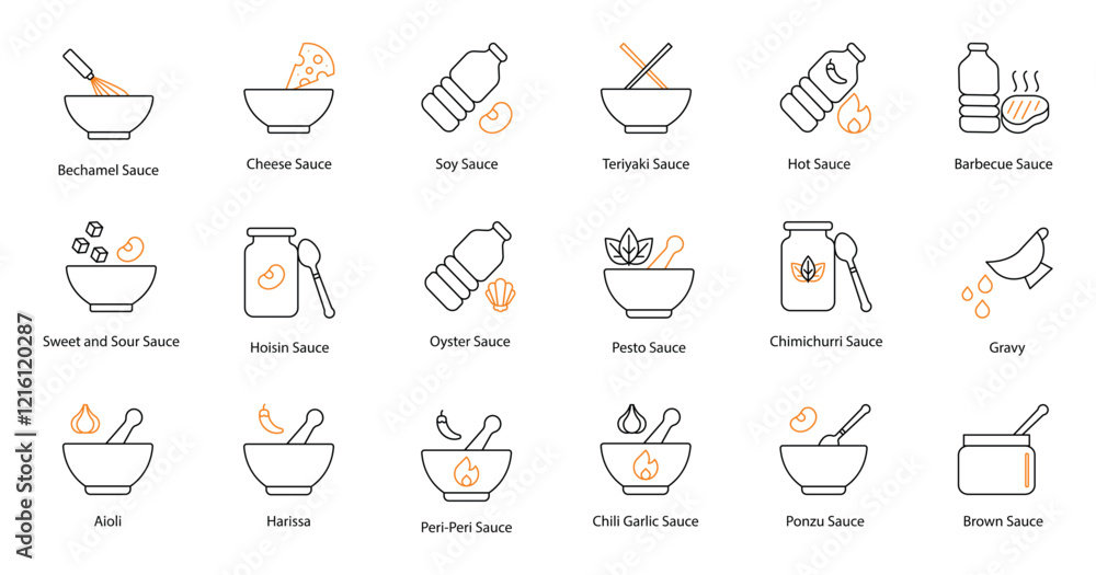 Comprehensive Icon Set: Bechamel, Cheese, Soy, Teriyaki, Hot, Barbecue, Sweet and Sour, Hoisin, Oyster, Pesto, Chimichurri, Gravy, Aioli, Harissa, Peri Peri, Chili Garlic, Ponzu, and Brown Sauces Comprehensive Icon Set: Bechamel, Cheese, Soy, Teriyaki, Hot, Barbecue, Sweet and Sour, Hoisin, Oyster, Pesto, Chimichurri, Gravy, Aioli, Harissa, Peri Peri, Chili Garlic, Ponzu, and Brown Sauces