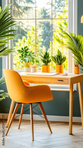 Sunny home office desk with yellow chair  plants  and window view