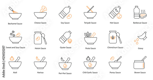 Comprehensive Icon Set: Bechamel, Cheese, Soy, Teriyaki, Hot, Barbecue, Sweet and Sour, Hoisin, Oyster, Pesto, Chimichurri, Gravy, Aioli, Harissa, Peri Peri, Chili Garlic, Ponzu, and Brown Sauces