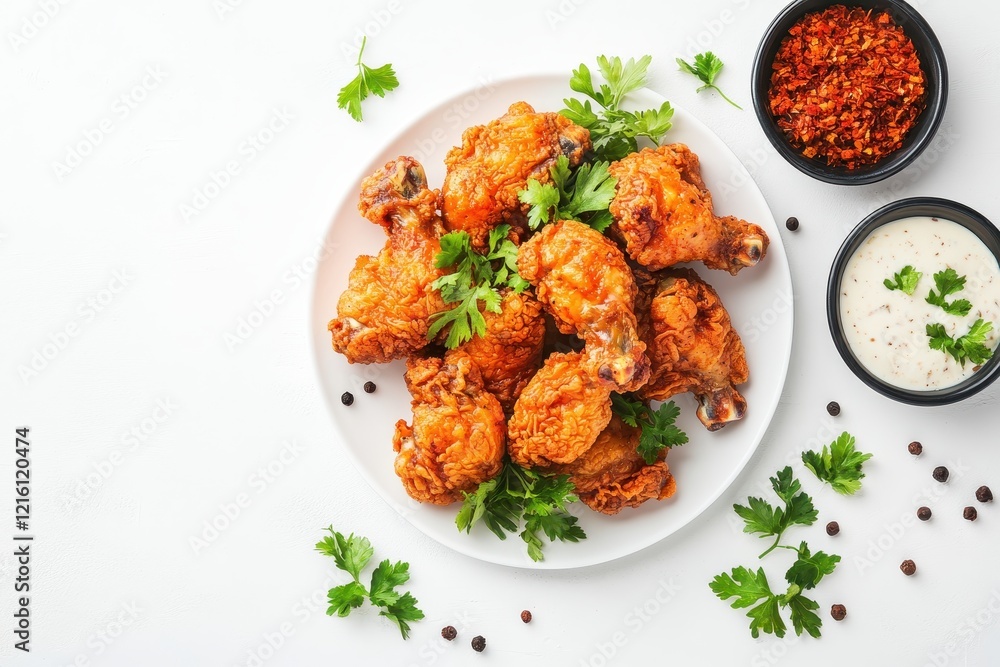 Crispy fried chicken drumsticks, white background, spices, sauce Crispy fried chicken drumsticks, white background, spices, sauce