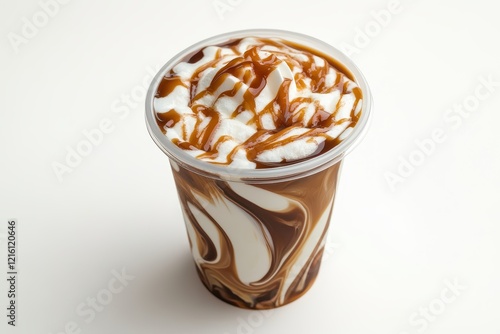 Caramel swirl dessert cup, studio shot, white background, creamy topping photo