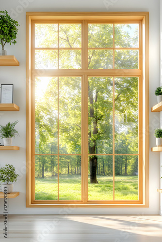 Sunny view from large window  plants on shelves  interior design