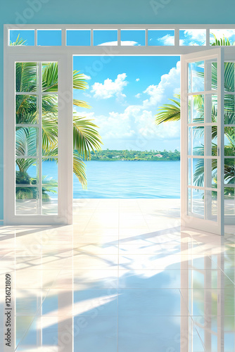 Tropical ocean view from open French doors  bright interior  vacation home
