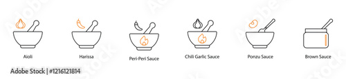 Icon Set: Aioli, Harissa, Peri Peri, Chili Garlic, Ponzu, and Brown Sauces