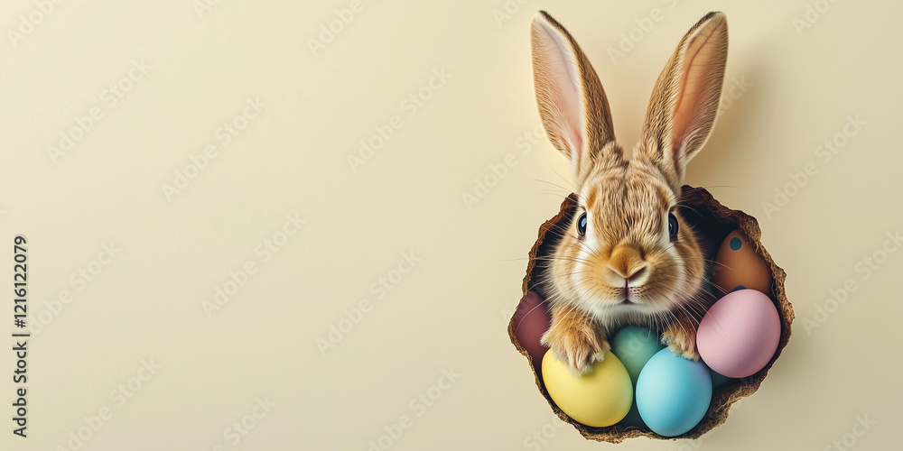 Obraz premium Easter bunny peeking out of a hole with colorful eggs on cream background. Copy space