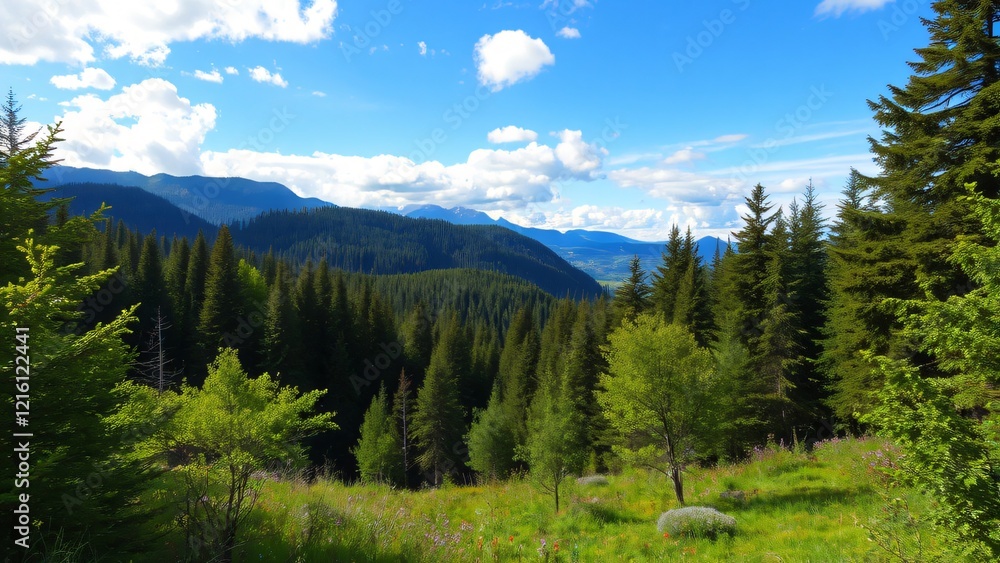 Serene Mountain Vista Lush Evergreen Forest and Rolling Hills under a Blue Sky Serene Mountain Vista Lush Evergreen Forest and Rolling Hills under a Blue Sky