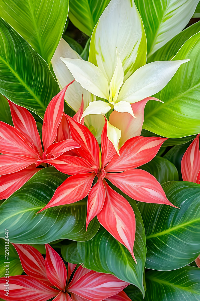 Obraz premium Vibrant red and white tropical plants, lush green foliage background, botanical garden setting, ideal for nature, home decor, and gardening websites