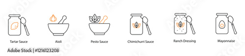 Icon Set: Tartar, Aioli, Pesto, Chimichurri, Ranch, and Mayonnaise Sauces
