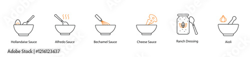 Icon Set: Hollandaise, Alfredo, Bechamel, Cheese, Ranch, and Aioli Sauces