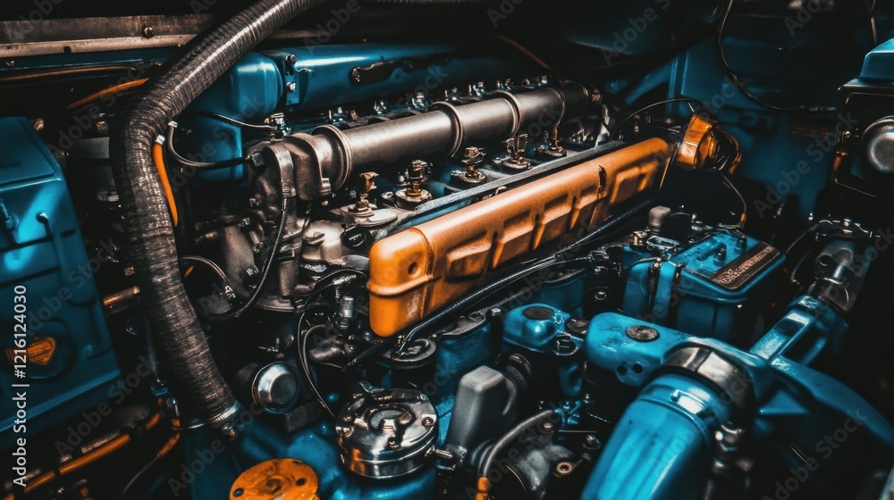 Fototapeta premium Diesel engine components with labels and detailed engravings under a soft light.