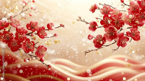 Japanese New Year material with plum blossoms and gold clouds -