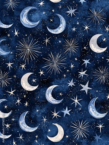 Intricate celestial design featuring beautifully arranged stars and moons in a seamless pattern  perfect for backgrounds or fabric prints that convey cosmic elegance.