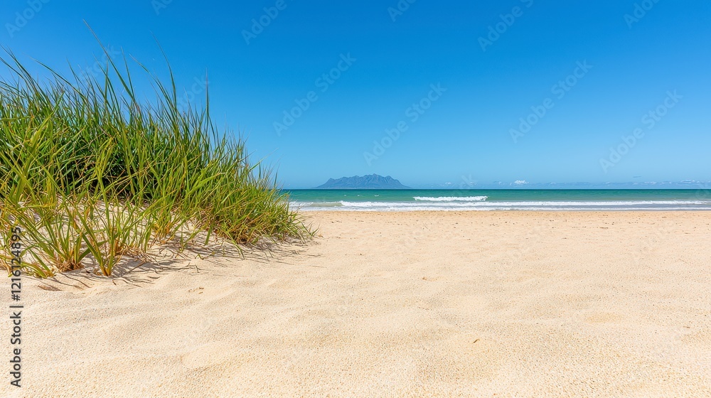 Wide view of a sandy beach with gentle waves and clear blue sky during a sunny day Wide view of a sandy beach with gentle waves and clear blue sky during a sunny day