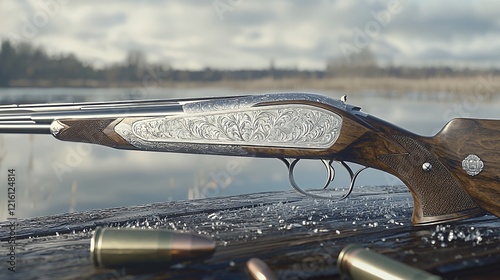 Elegant Engraved Shotgun by a Lake photo