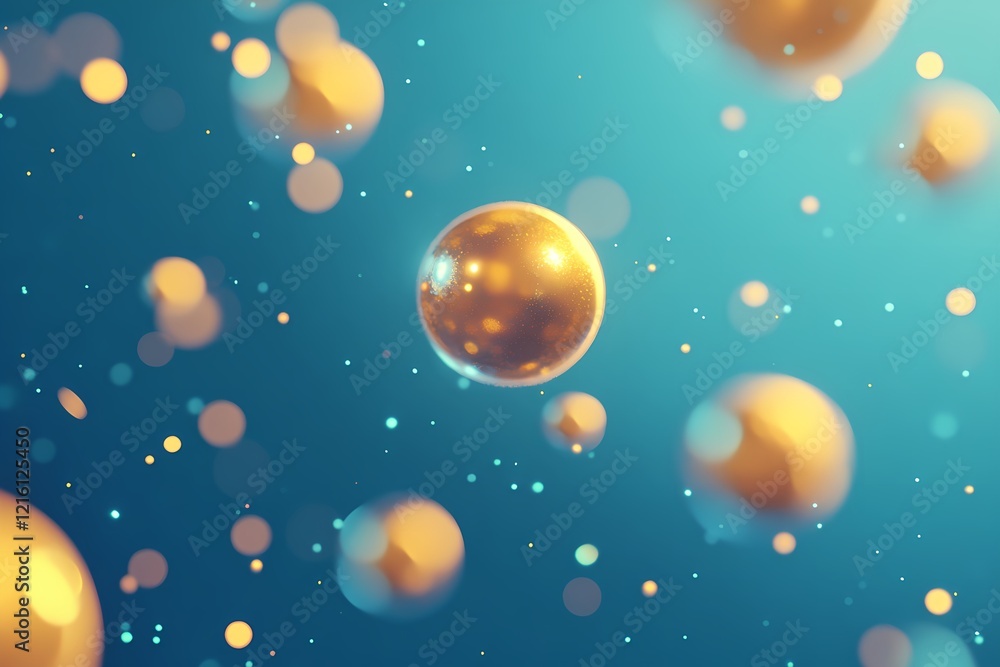 Golden spheres float in a teal abstract space Golden spheres float in a teal abstract space