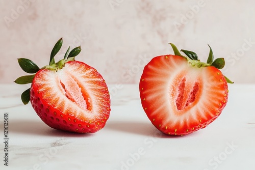 Halved strawberries marble background food photography photo