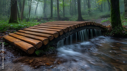 Misty forest footbridge, stream, fall, nature, tranquility, calm, walk, path, travel, background