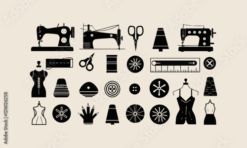 Vector illustration featuring sewing and crafting icons, SEWING Related Hand Drawn Icons Set, Doodle Style Vector Illustration, easily editable.