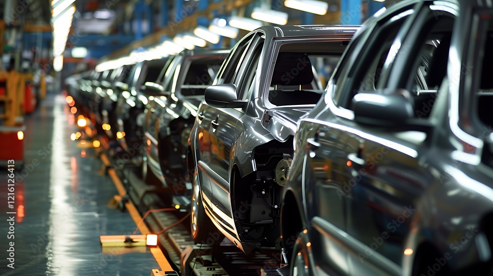 New cars in a row in a busy factory New cars in a row in a busy factory