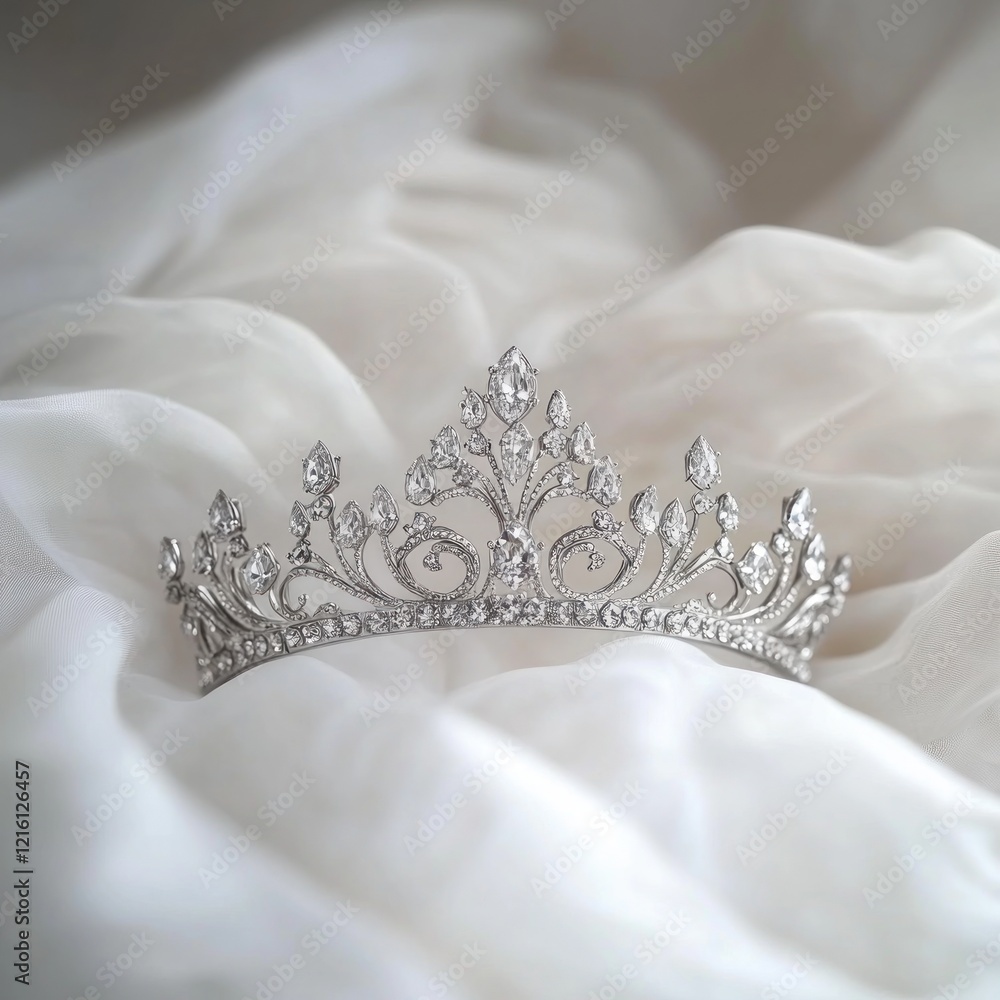Sparkling tiara rests on white silk fabric Sparkling tiara rests on white silk fabric